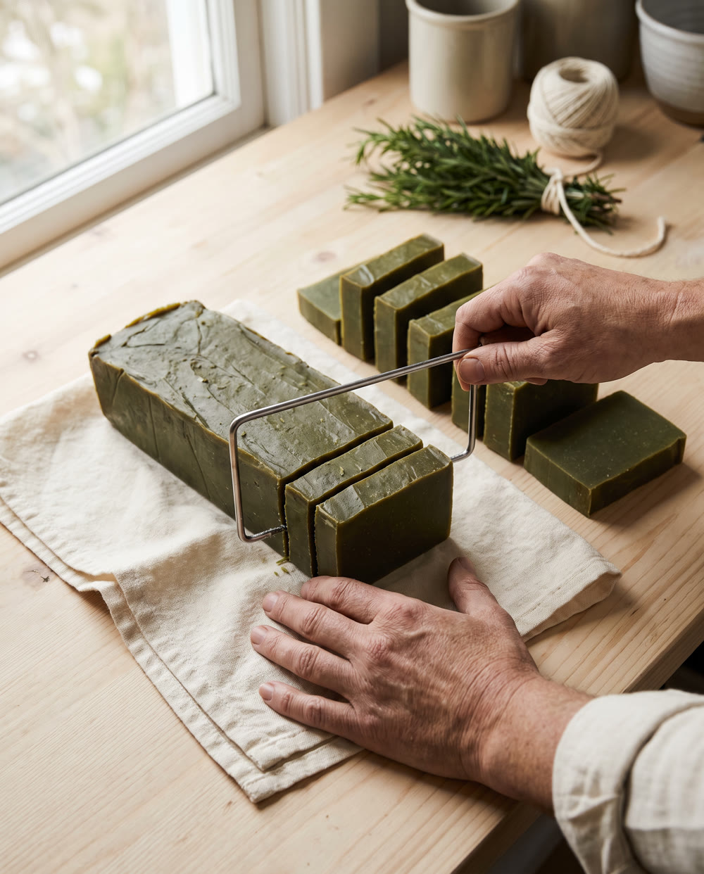 A soapmaker's hands cutting a cured loaf of olive soap into bars